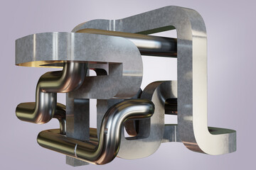 Poster - Steel decorations. Gray tangled elements isolated. Abstract decorations made steel. Gray background from tangled pipe. Pipe symbol engineering communications. Engineering scenery. 3d image