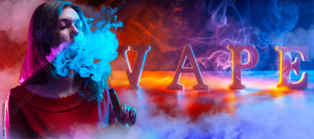 Vape girl. Woman blows cigarette smoke from nose. Vape logo behind female  smoker. Girl with electronic cigarette. Vapor around vaper woman. Vaping  gadget in hand of girl student. E-cig tech Stock Photo |