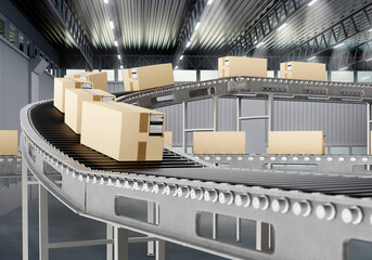 Poster - Production conveyor. Cardboard boxes are moving along production line. Packed line to factory. Boxes with goods move along conveyor. Conveyor inside factory building. Delivery sticker boxes. 3d image