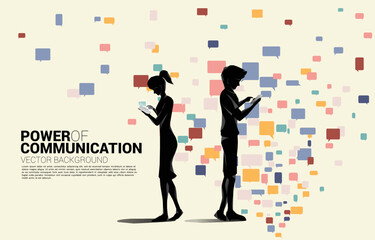 Silhouette of man and woman standing with Many Speech bubble flow random background. Background for power of comment and communication.