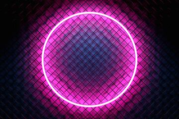 Poster - Glowing pink  neon lighting ellipse  on metal mesh  background.
