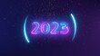 number 2023 neon light bright glowing. 2022 happy New Year dark background with decoration with neon number on Purple and blue Beautiful Gold Glitter Floating background. winter holiday template.