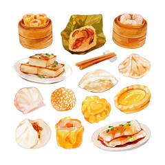 Set of watercolor chinese food dim sum. Vector hand drawn different types of asian food in wooden steamers, top view. Tasty chinese food, delicious har gao, shrimp bean curd skin, rolls.