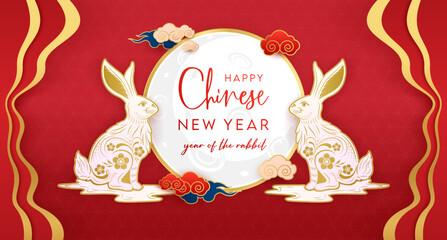 Happy Chinese New Year 2023 card, two white rabbits zodiac on golden red background with moon clouds. Year of the Rabbit. Vector EPS10 illustration.