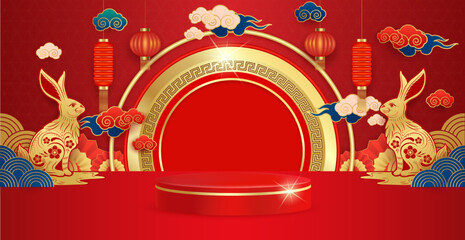 Ad template design for social media with blank product podium scene with lanterns. Rabbit golden and cloud on red background. Shopping Chinese New Year concept. Vector EPS10.