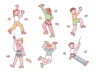 Wall Mural - collection of cute characters doing indoor rock climbing. flat vector illustration.
