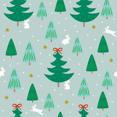 Wall Mural - Vector seamless pattern with hand drawn Christmas trees and rabbit