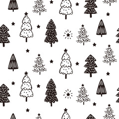 Wall Mural - Vector seamless pattern with hand drawn Christmas trees