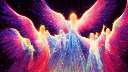 Wall Mural - ai generated digital art of colorful angels with open wings on a dark background covered in stars