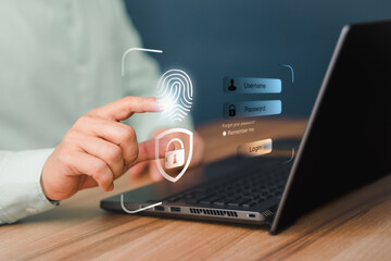 Poster - Man login with fingerprint scanning technology in the computer. Secure encryption and access to the user's private information to access the Internet.