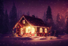 Winter Christmas Gingerbread House, Snowy Landscape Background, Santa Workshop 