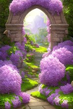 Classical Stone Arched Entrance Surrounded By Purple Flowers