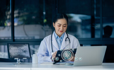 Wall Mural - Medicine doctor using digital healthcare and network connection on hologram modern virtual screen interface icons, Medical technology futuristic concept.