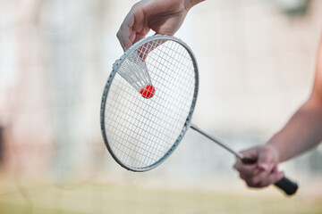 Poster - Sports, badminton and shuttlecock with racket and hands of woman training for games, competition and health. Match, workout and exercise with athlete ready to serve for goal, fitness and action