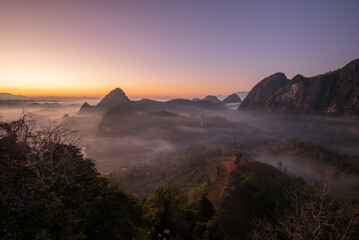 Wall Mural - View of flowing fog  on mountain tropical rainforest in the morning