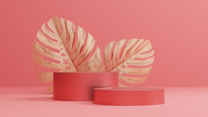 Poster - minimal pink and rose gold pedestal or podium mockup display, empty platform for product showcase and presentation, clean stage, 3d rendering