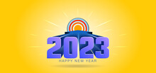 Milestone And Target Of 2023 New Year Concept Design. 2023 Happy New Year Text With Arrow Reach And Hit Target.