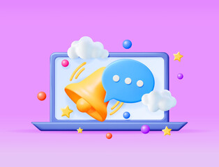 Aufkleber - 3D Notification Popup with Bell in Laptop. Golden Render Ringing Bell. Gold School Bell and Chat Cloud Mockup. Alert and Alarm Symbol. Social Media Network Notification Reminder. Vector Illustration