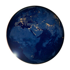 Earth photo at night on transparent background, png image, City Lights of Africa, Europe, and the Middle East from space, World map on globe, satellite photo. Elements of this image furnished by NASA.