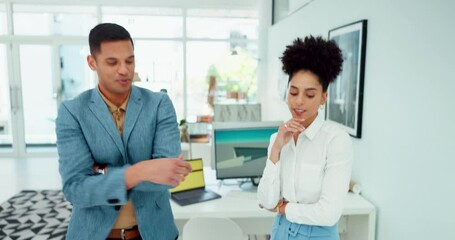 Poster - Man, woman and architecture planning with blueprint paper, real estate vision or property engineering documents. Thinking, talking and creative building engineers or designers with construction ideas