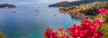 Villefranche Sur Mer Medieval Town In South Of France With Bougainvillea Blossom