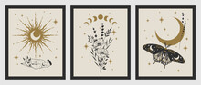 Set Of Esoteric Alchemy Mystical Magic Posters. Crescent, Sun, Stars, Floral Elements, Moth. Spiritual Talisman, Occultism Objects. Boho Illustration