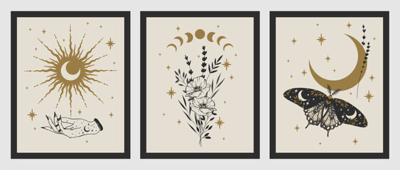 Wall Mural - Set of esoteric alchemy mystical magic posters. Crescent, sun, stars, floral elements, moth. Spiritual talisman, occultism objects. Boho illustration