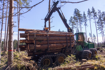 Forwarder with a load of lumber in the forest