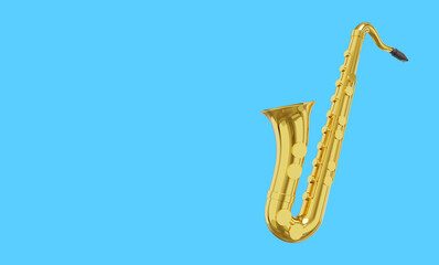 Poster - Saxophone gold metal, musical instrument, from side. 3d rendering. Icon on blue background, space for text.