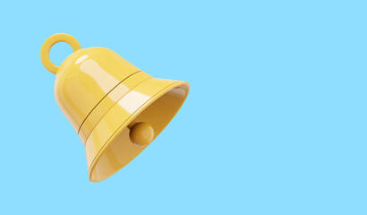 Poster - Yellow bell, notification symbol. 3D rendering. Icon on blue background, space for text.
