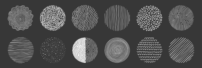 Poster - Abstract line pattern circle set. Hand drawn texture, doodle decorative line, spiral, scribble graphic round element. Circle drawn brush grunge texture. Vector illustration