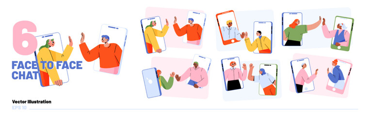 Poster - People using video chat app on smartphone. Flat vector illustration set of happy men and women on gadget screen giving high five, talking, smiling, using modern mobile application for communication
