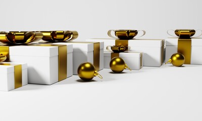 white gift box with gold ribbon on white background on 3d rendering