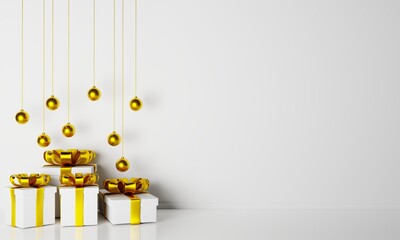Poster - 3d rendering realistic christmas gift box with hanging gold decoration in white room. 3d rendering illustration