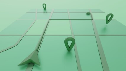 Fototapete - Minimal style green GPS map navigator. Tracking concept. Arrow and markers on a map. 3D rendering