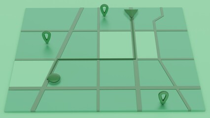 Fototapete - Minimal style green GPS map navigator. Tracking concept. Arrow and markers on a map. 3D rendering