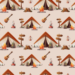 Wall Mural - seamless pattern with tent, guitar, campfire. camping, traveling, trip, hiking, nature, campsite con