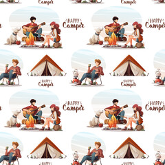Wall Mural - seamless pattern with people sitting by campfire in the camp. camping, traveling, trip, hiking, natu