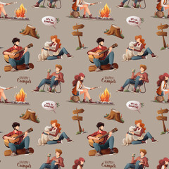 Wall Mural - seamless pattern with people sitting by campfire in the camp. camping, traveling, trip, hiking, natu