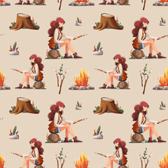 Wall Mural - seamless pattern with woman sitting by campfire. summertime camping, traveling, trip, hiking, camper