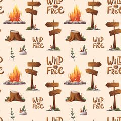 Wall Mural - seamless pattern with campfire and signpost. camping, traveling, trip, hiking, nature, campsite conc