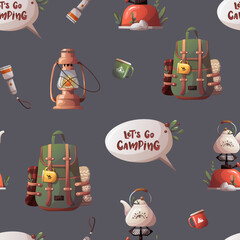 Wall Mural - seamless pattern with tourist backpack, lantern, kettle. camping, traveling, trip, hiking, nature, c