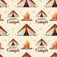 Wall Mural - seamless pattern with tent and campfire. camping, traveling, trip, hiking, nature, campsite concept.