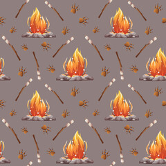 Wall Mural - seamless pattern with campfire. summertime camping, traveling, trip, hiking, camper, journey concept