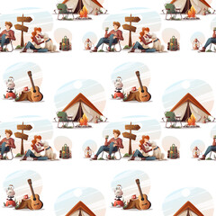 Wall Mural - seamless pattern with people sitting by campfire in the camp. camping, traveling, trip, hiking, natu