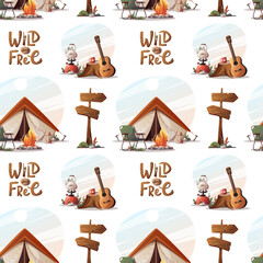 Wall Mural - seamless pattern with tent, guitar, campfire. camping, traveling, trip, hiking, nature, campsite con