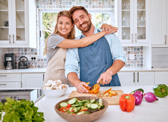 Poster - Food, health and cooking couple with vegetables for a healthy organic vegan diet with nutrition and vitamins. Kitchen, love and happy woman enjoys hugging, dinner or lunch preparation with partner