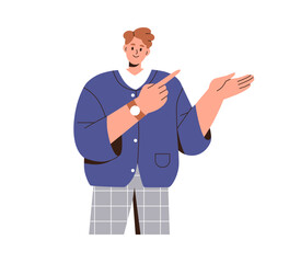 Poster - Happy man gesturing with hand, presenting, showing smth. Smiling person advertising, pointing with finger to side. Presenter, expert speaker. Flat vector illustration isolated on white background