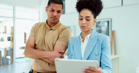 Poster - Tablet, man and woman talking, brainstorming business ideas and doing online research. Staff, digital device and conversation for marketing strategy, sales growth and innovation for teamwork project