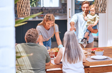 Poster - Chicken, lunch and big family eating at a dining room table in their house with love, smile and celebration together. Food, happy and woman with a turkey dinner for senior parents, child and man